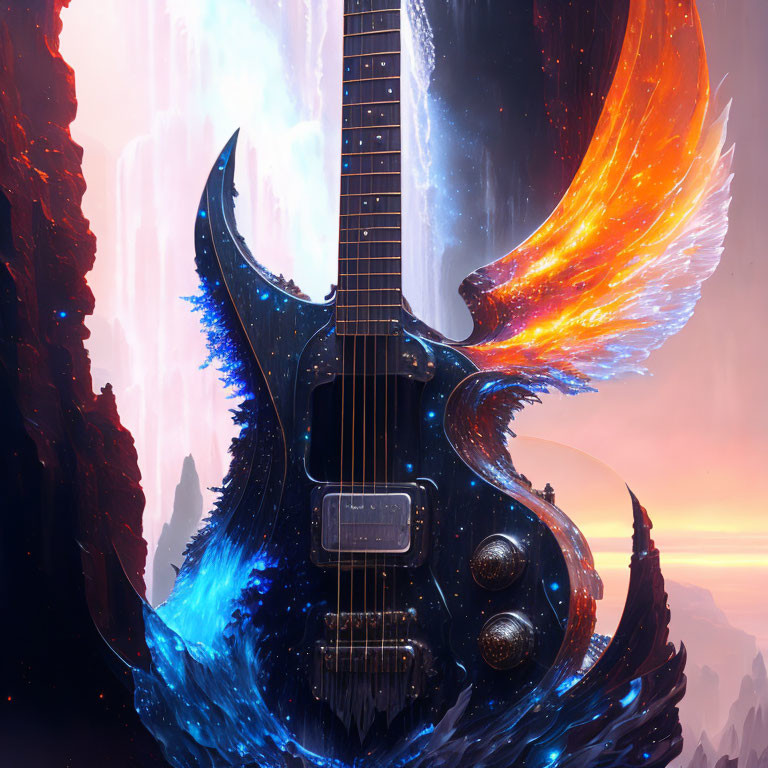 Fantastical Guitar with Wings in Vibrant Landscape