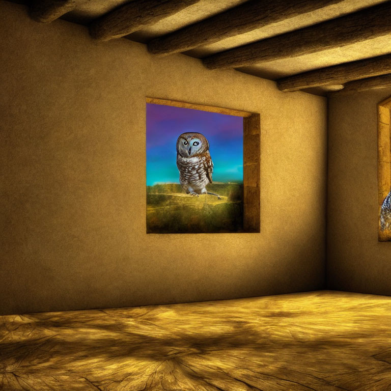 Owl painting on yellow wall with textured floor