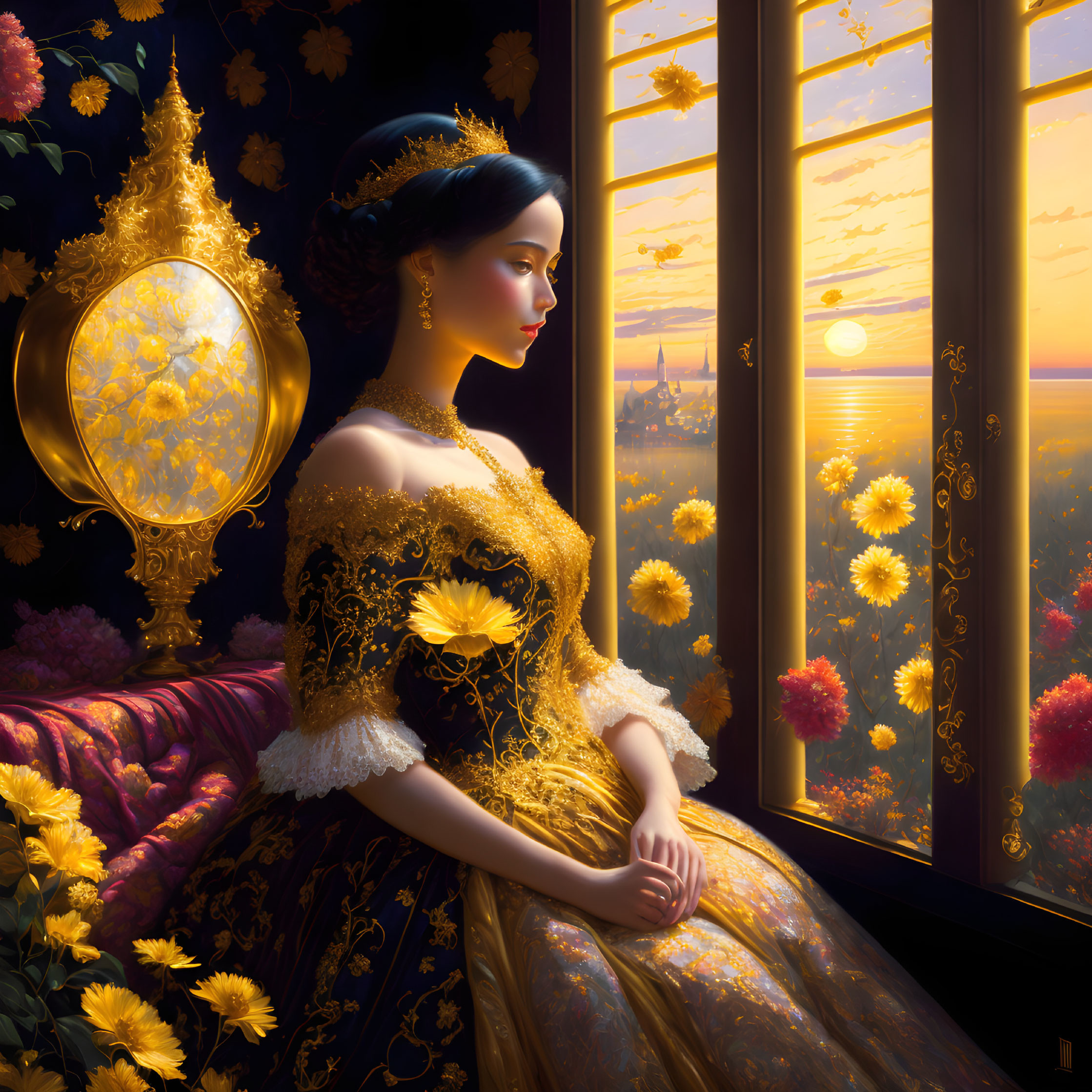 Woman in golden gown gazes at sunset through window with mirror and landscape view.