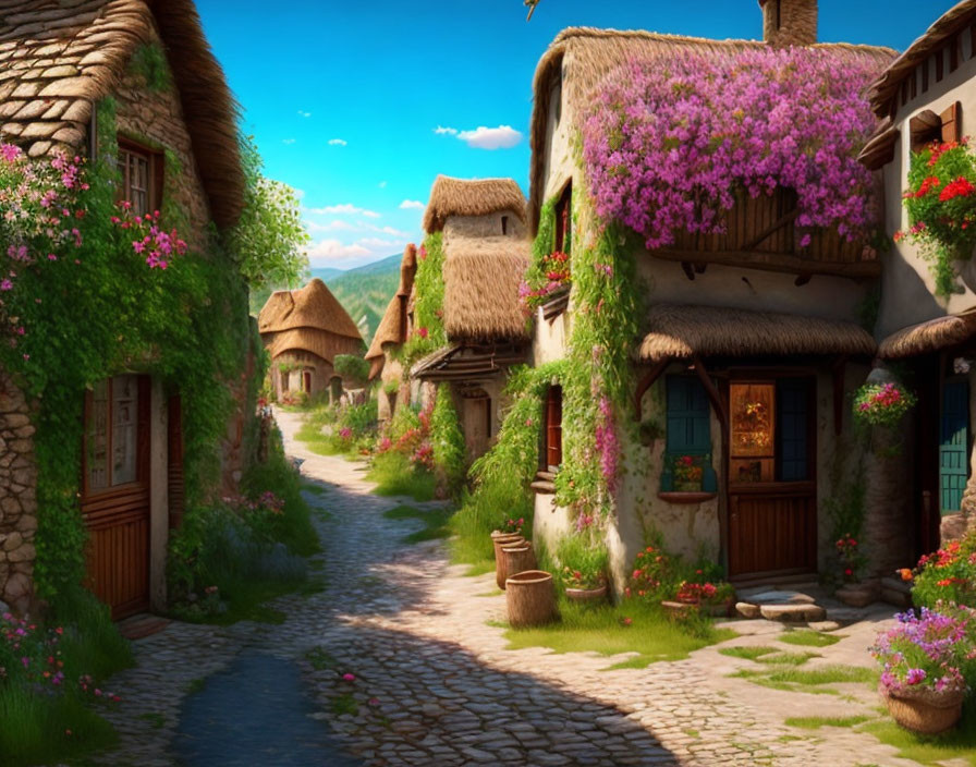 Thatched-Roof Cottages & Blooming Flowers in Charming Village