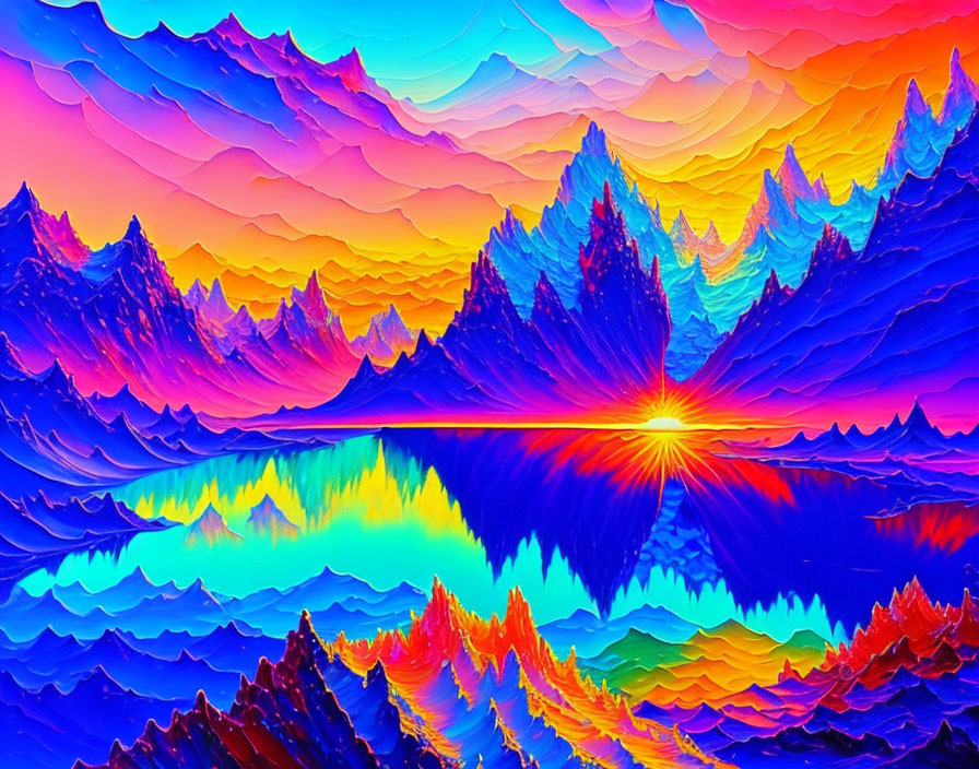 Colorful Psychedelic Sunset Art Over Mountainous Landscape