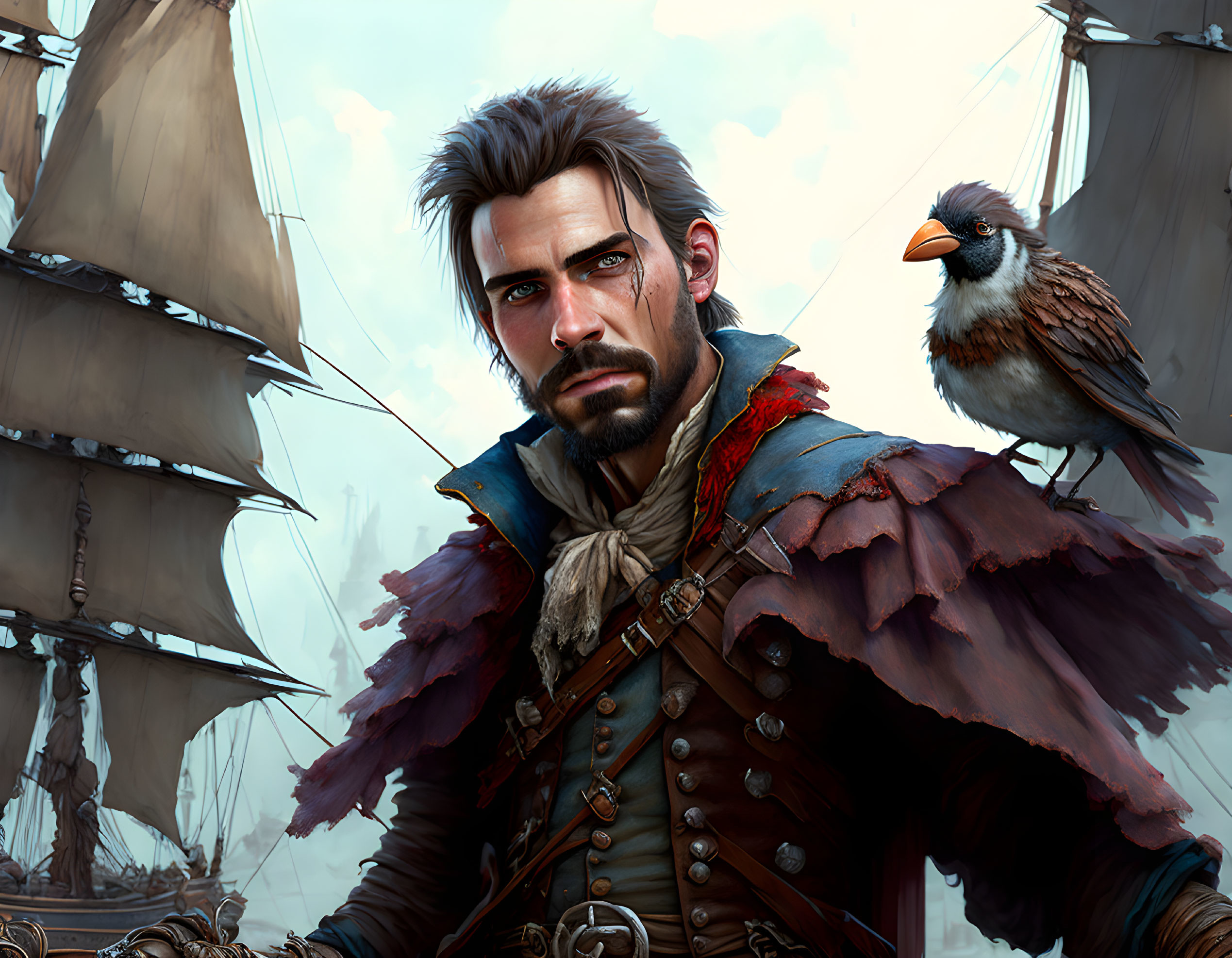 Bearded man in pirate attire with scar, bird, and ships in background