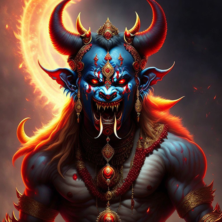 Blue-skinned horned character with red eyes and gold jewelry in fiery aura on dark background