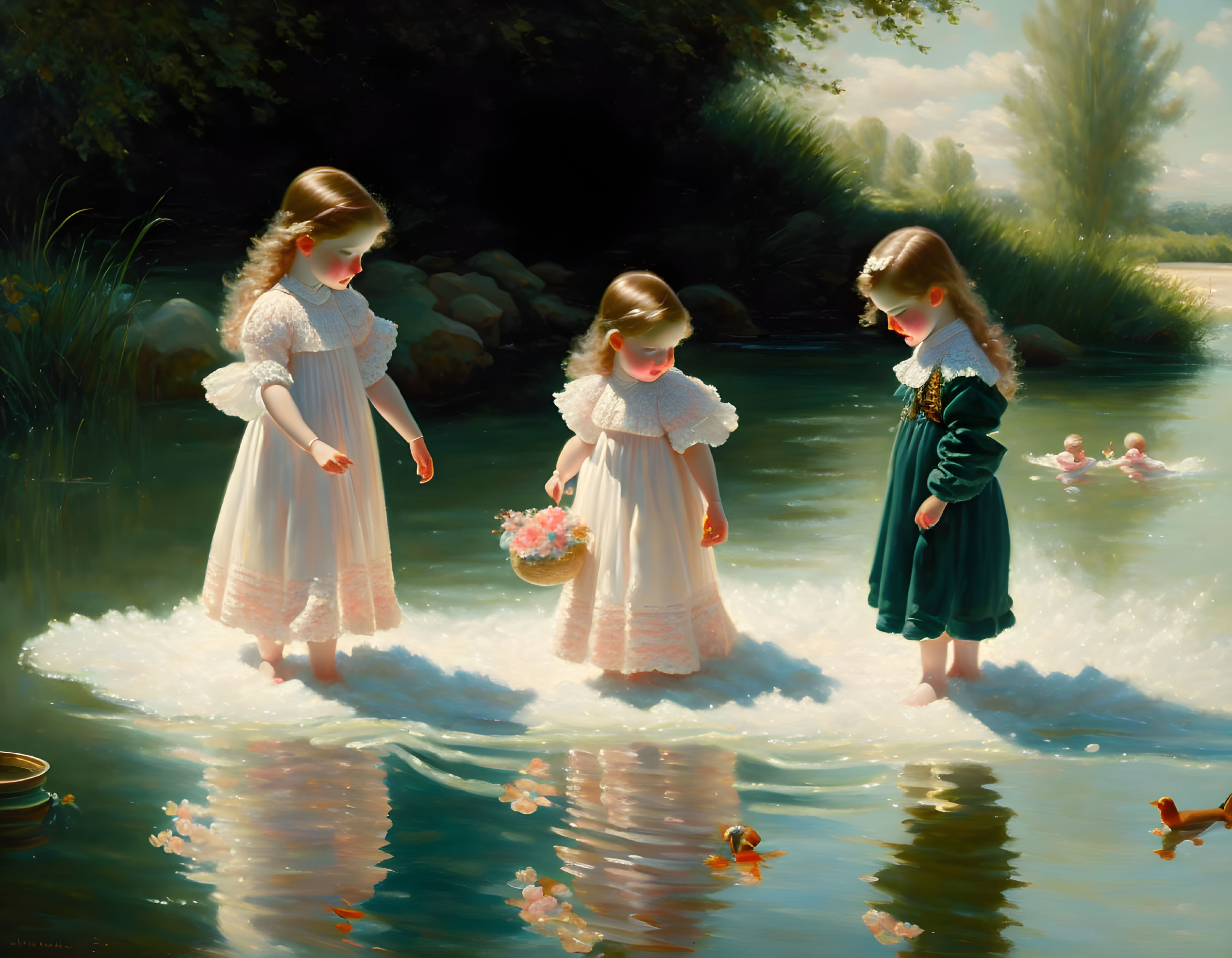 Three young girls playing in a serene river with lush greenery and floating flowers