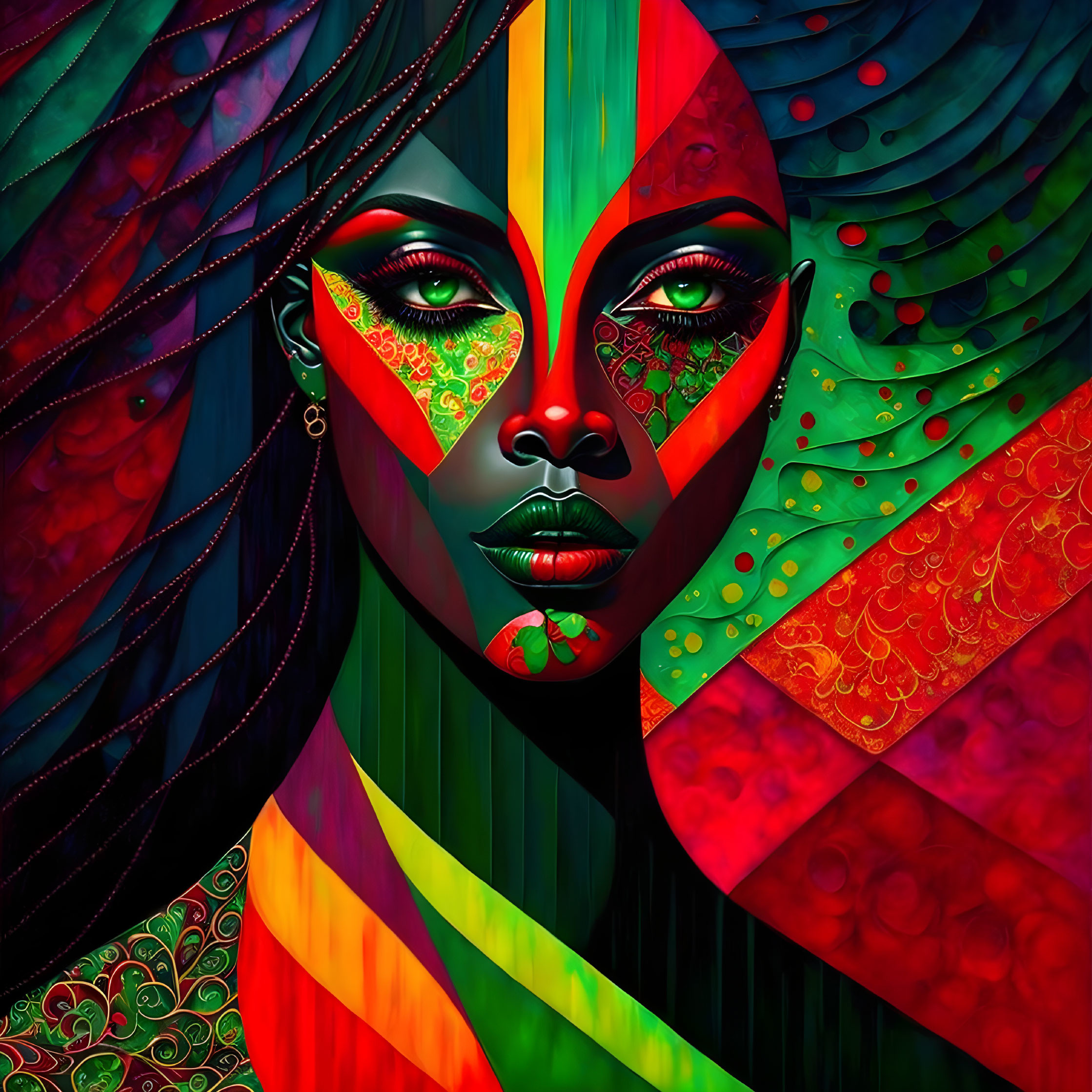 Colorful geometric patterns on woman's face and flowing hair in digital artwork