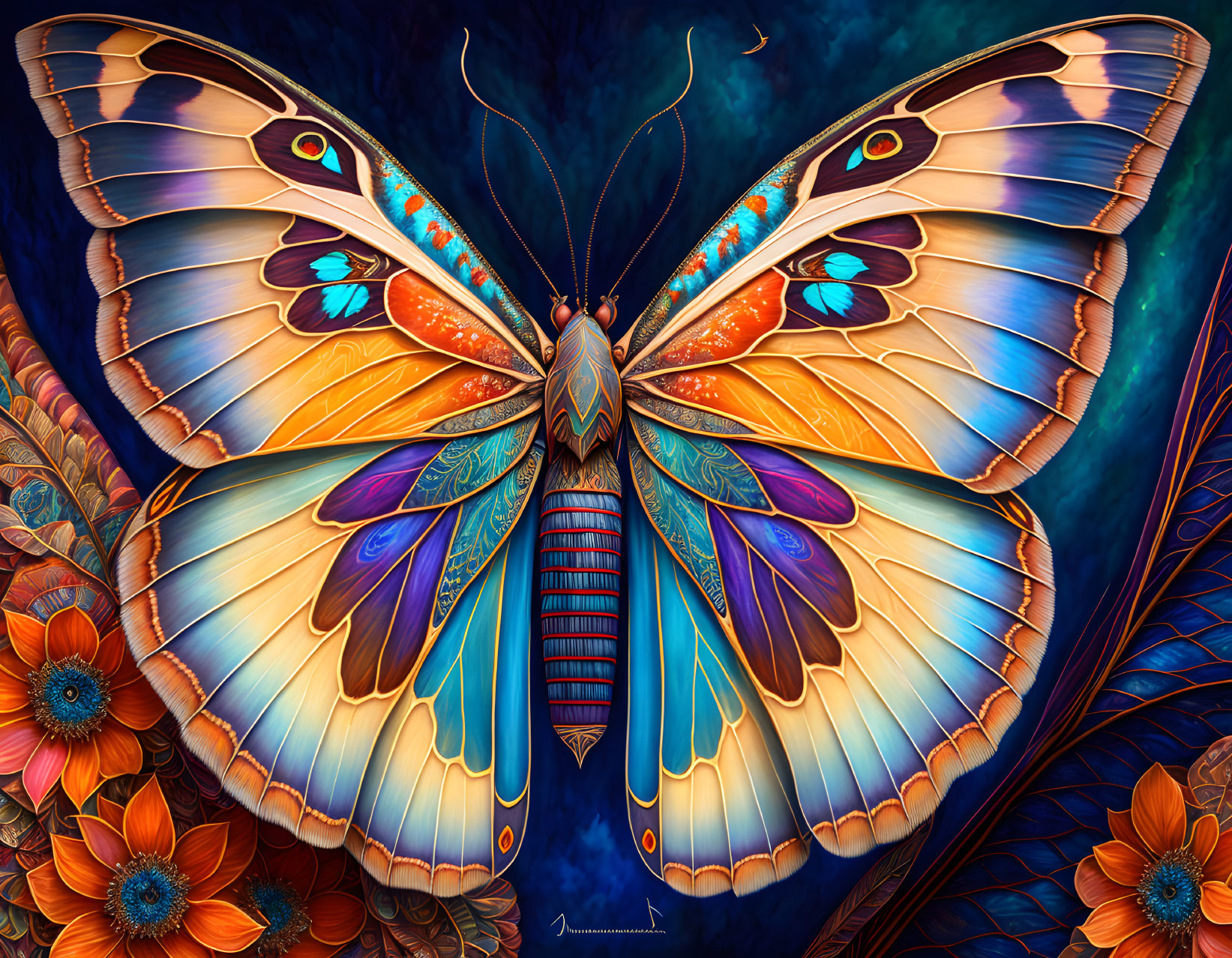 Colorful Stylized Butterfly with Floral Background in Blue and Purple Palette