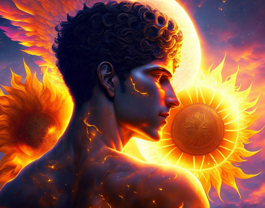 Male figure with golden lines against fiery sun and cosmic backdrop.