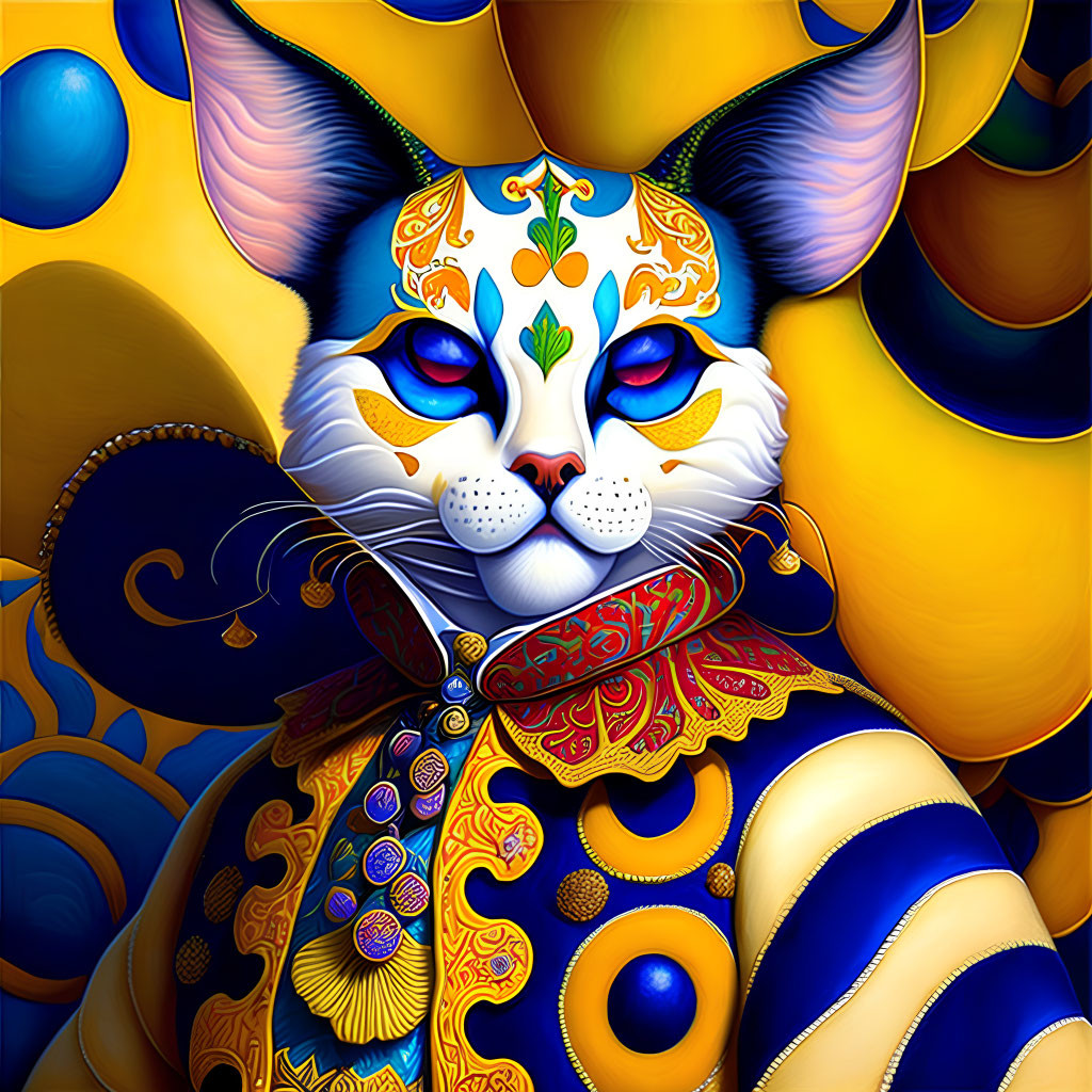 Stylized cat digital art with ornate patterns in blue and gold