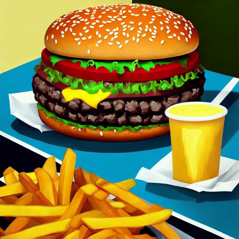 Illustration of Double Cheeseburger, Fries, and Drink on Blue Surface