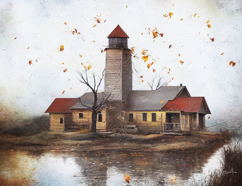 Old Stone Building with Tall Tower by Calm Pond and Autumn Trees