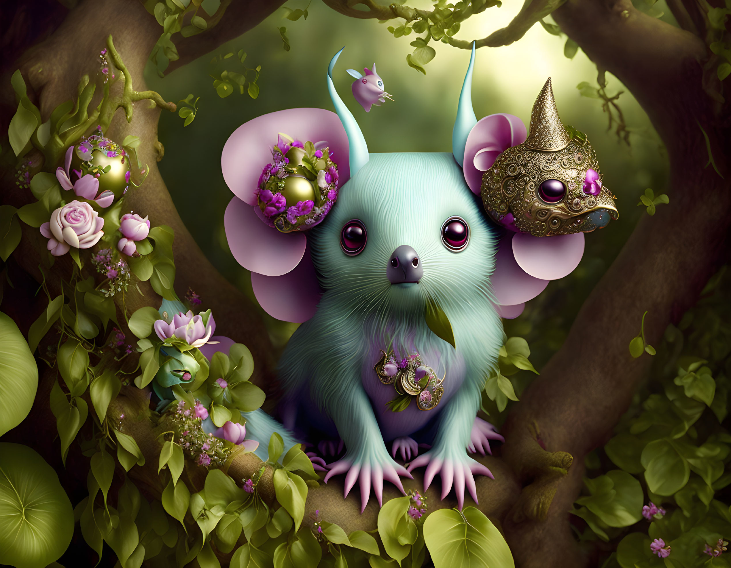 Whimsical teal creature with large eyes and gold mask in lush forest