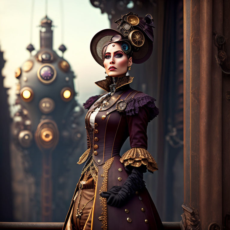 Steampunk-themed woman in Victorian attire with hat and goggles.