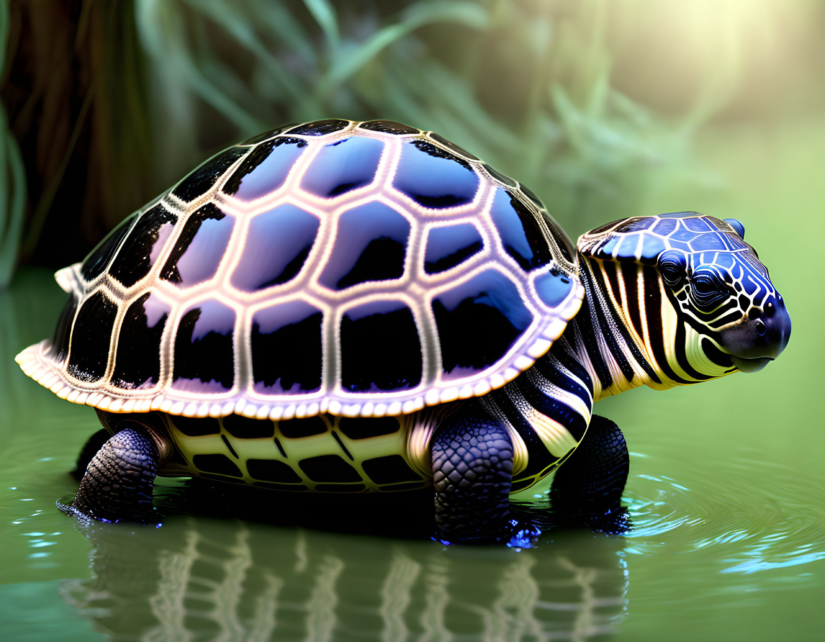 Black and Gold Patterned Turtle Partially Submerged in Water