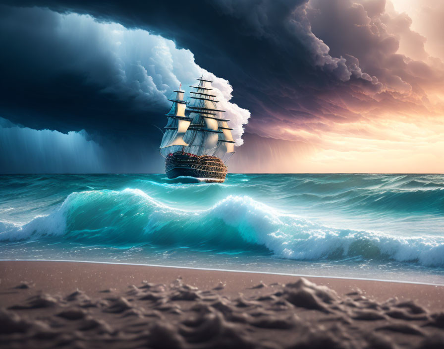 Sailing ship on turbulent seas with ominous storm clouds