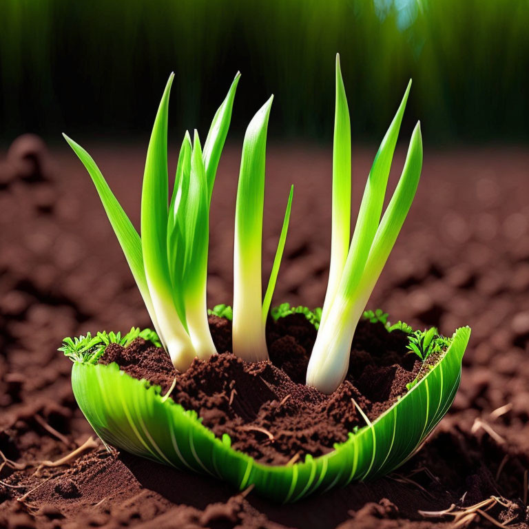 Emerging Plant Shoots from Halved Bulb in Rich Soil