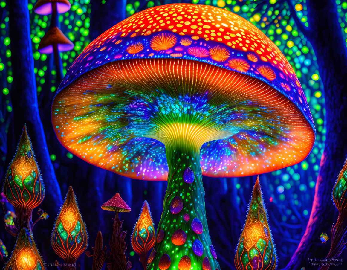 Colorful Psychedelic Mushroom in Luminous Flora Scene