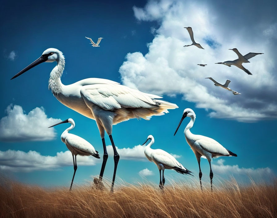 White Storks in Grass Field under Blue Sky