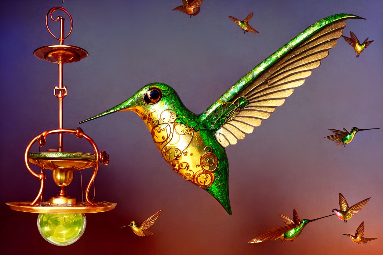 Steampunk-style mechanical hummingbird with metallic feathers near golden feeder.