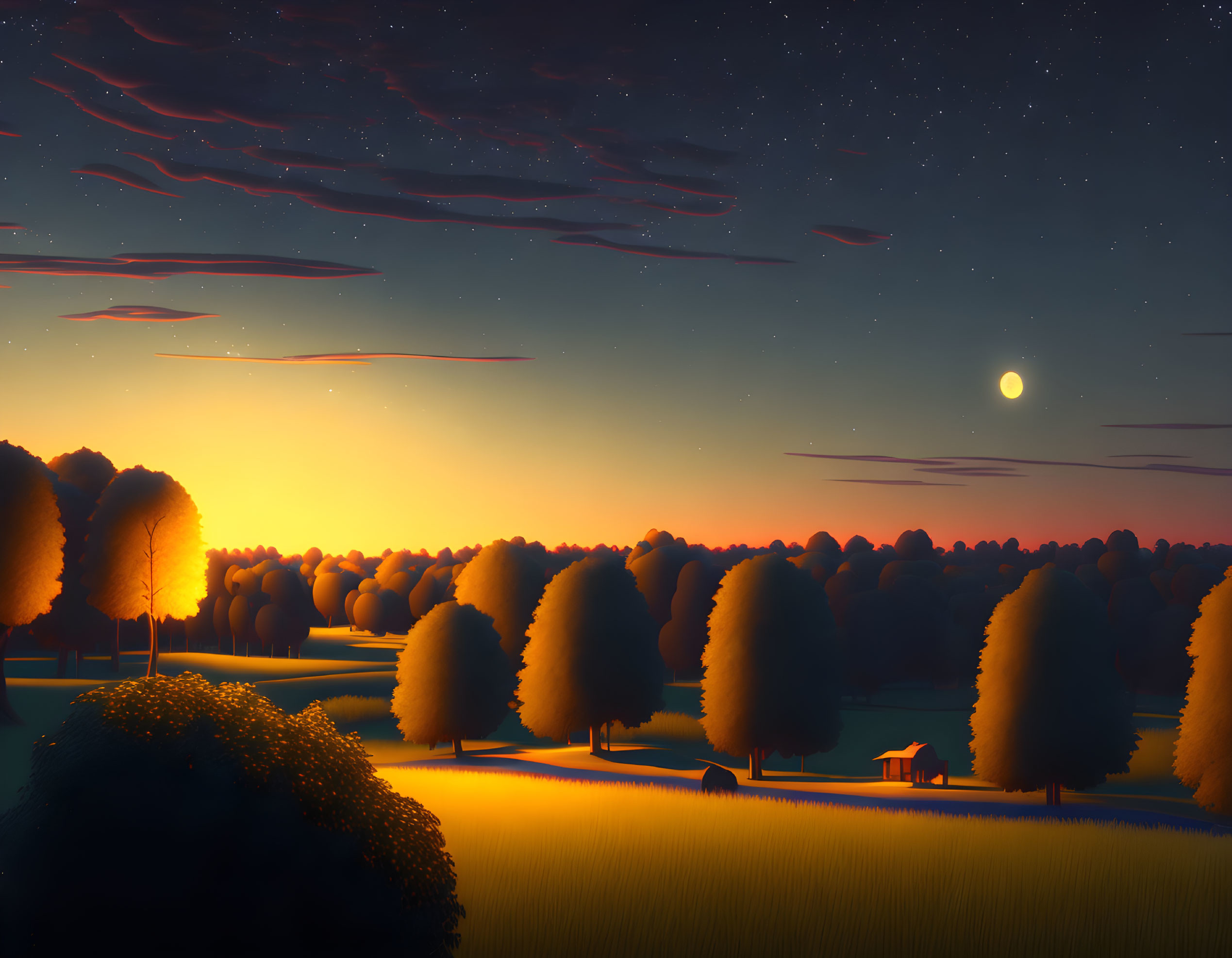 Tranquil twilight landscape with crescent moon and glowing horizon