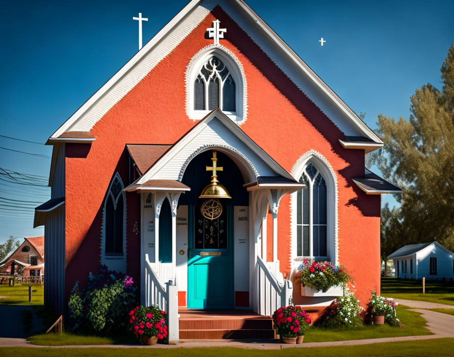 Vibrant red church with blue door and white trim in sunny setting