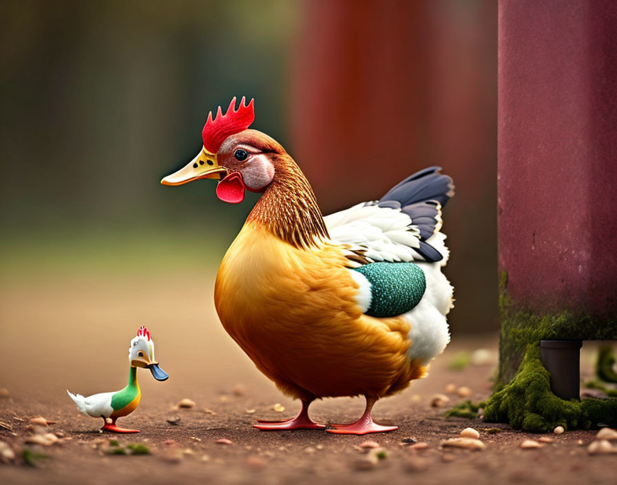 Whimsical scene with large duck and rooster-headed duck toy