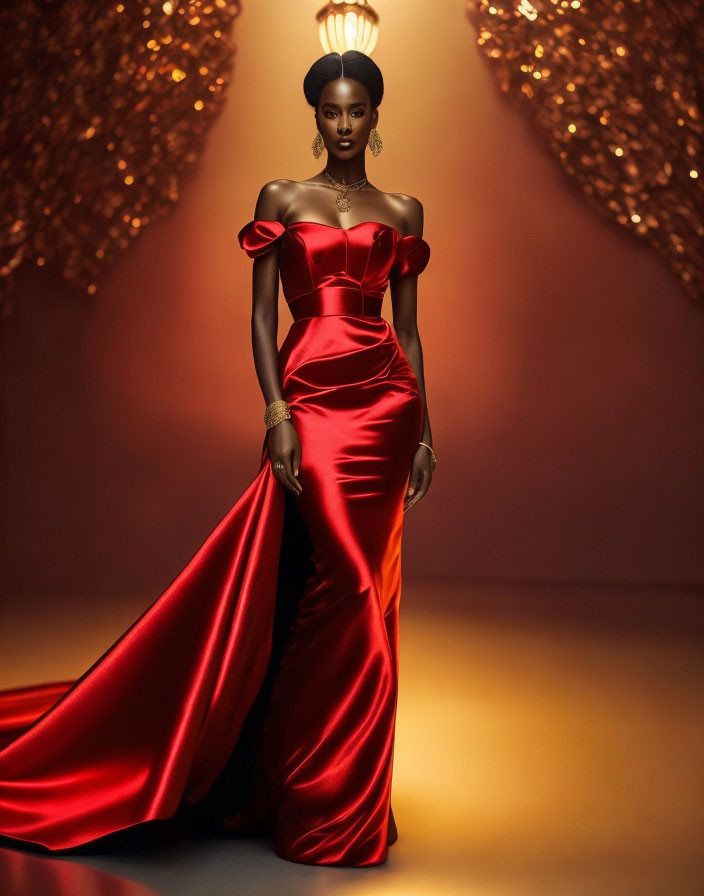 Elegant woman in red off-the-shoulder gown with chandelier lights