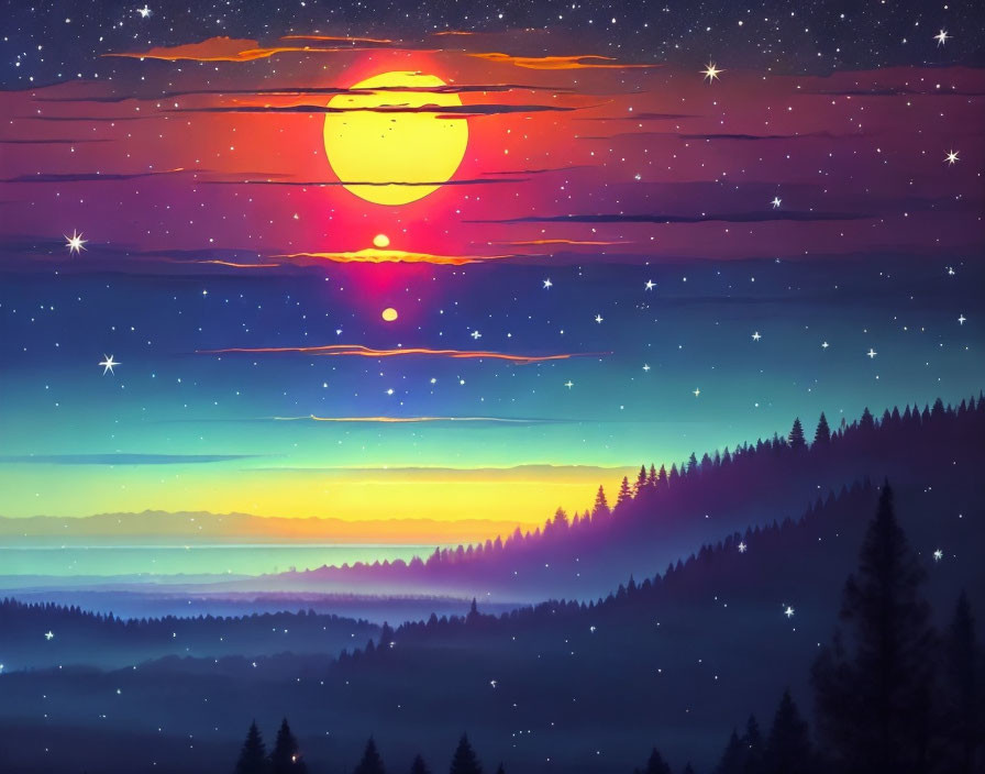 Vibrant sunset blending into starry night sky above pine trees