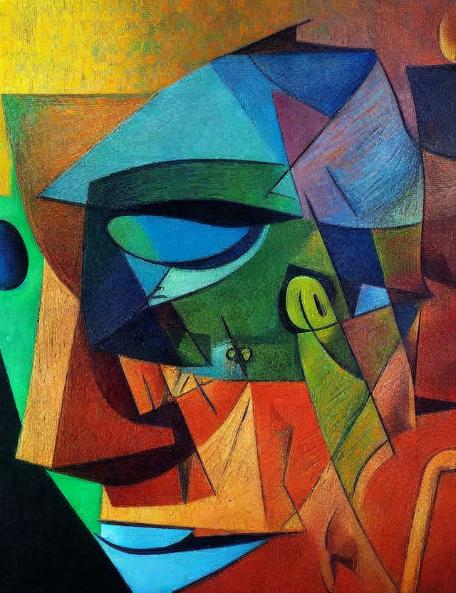 Cubist portrait with geometric shapes in oranges, greens, and blues