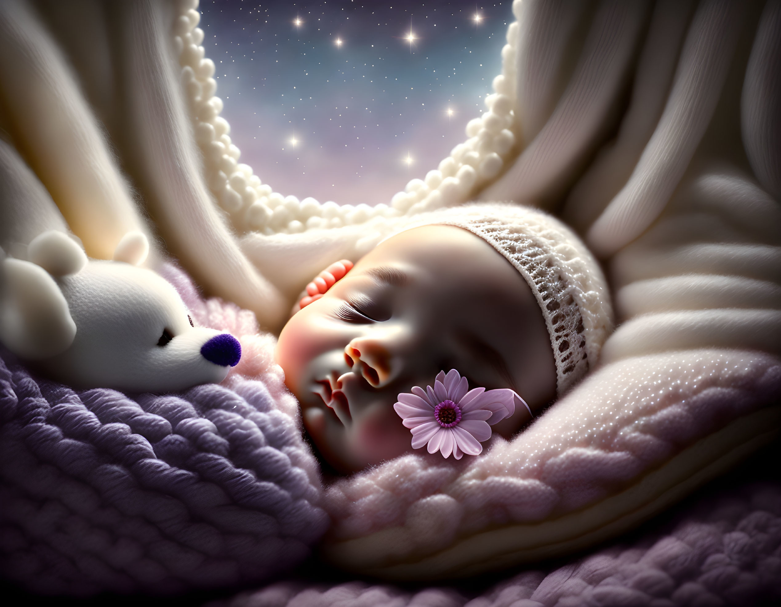 Sleeping baby with white cap and stuffed bear under starry sky with purple flower.