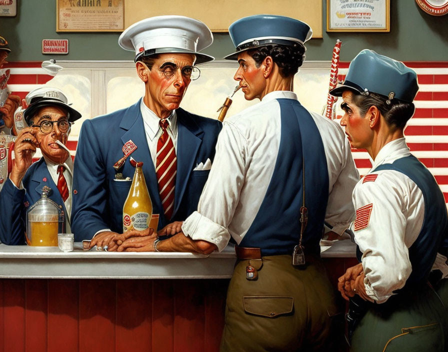 Vintage-style illustration of four men in a diner, two in sailor hats, one surprised.