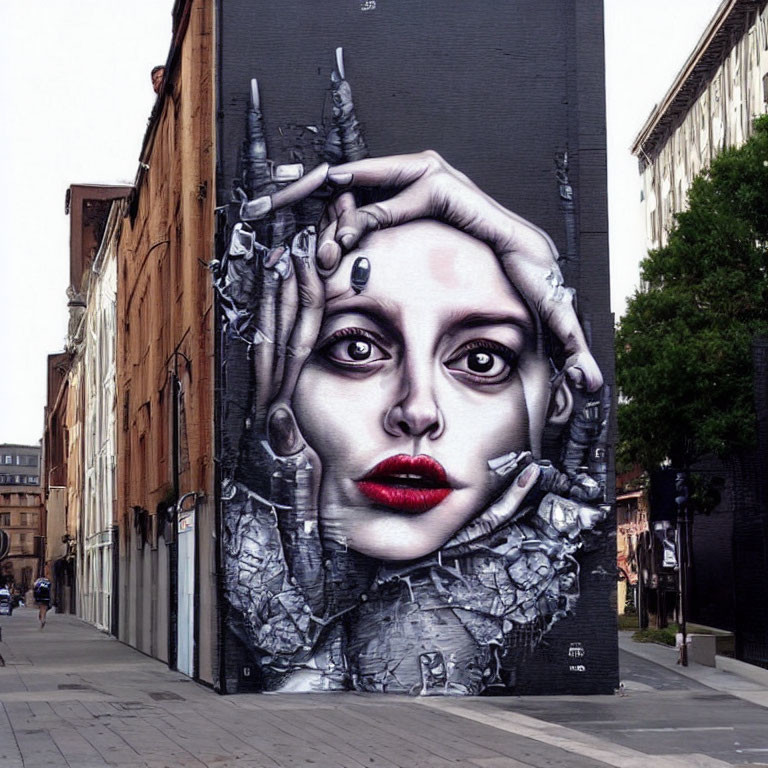 Monochrome street art mural of woman's face with red lips and multiple hands on urban building sidewall