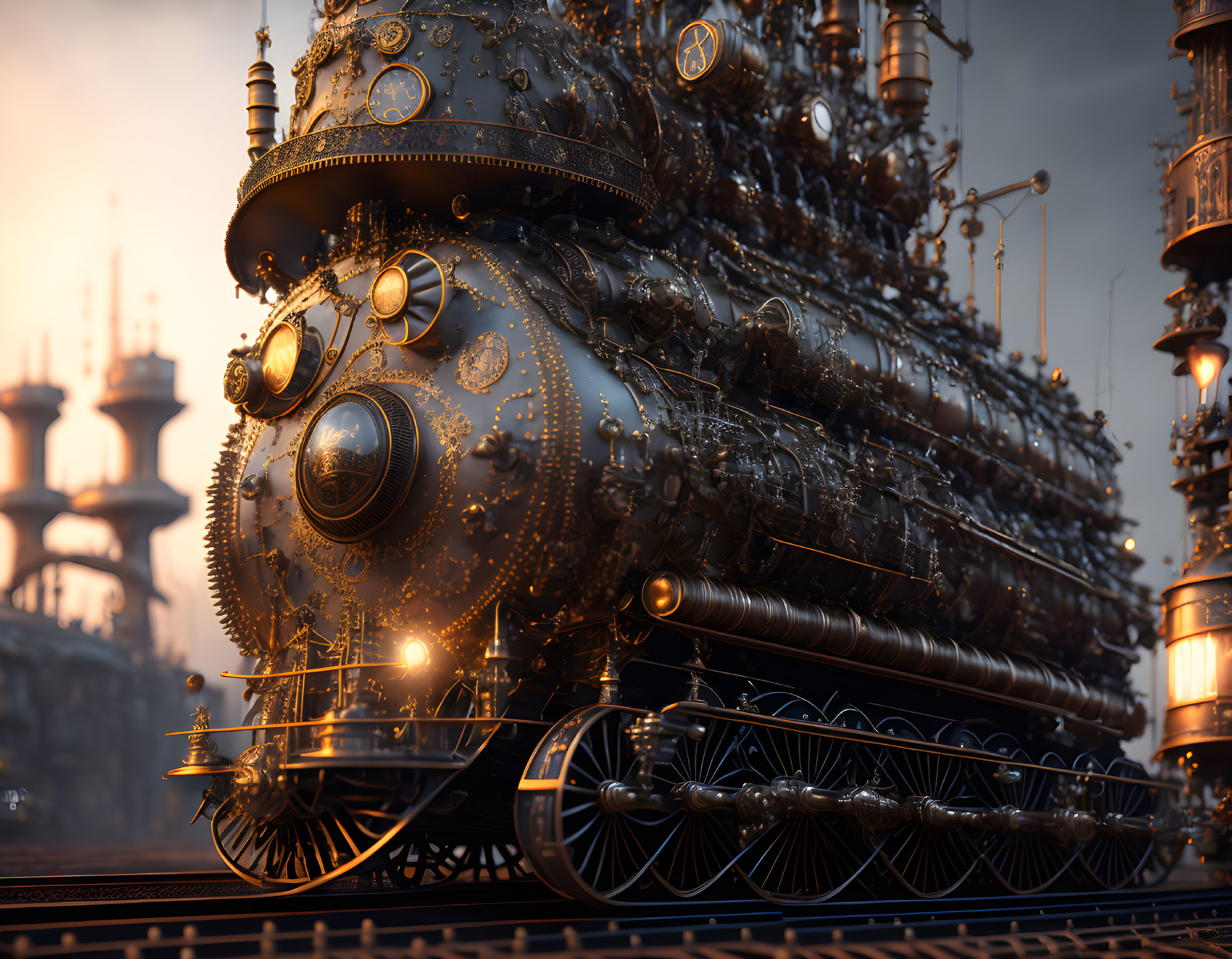 Detailed Steampunk-Style Locomotive on Tracks at Dusk