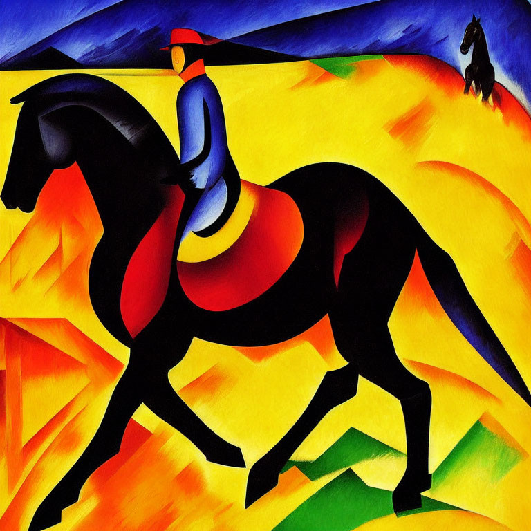 Colorful Abstract Painting of Person Riding Black Horse