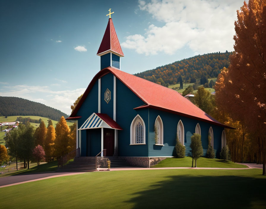 Blue church with red roof and cross in autumn landscape.