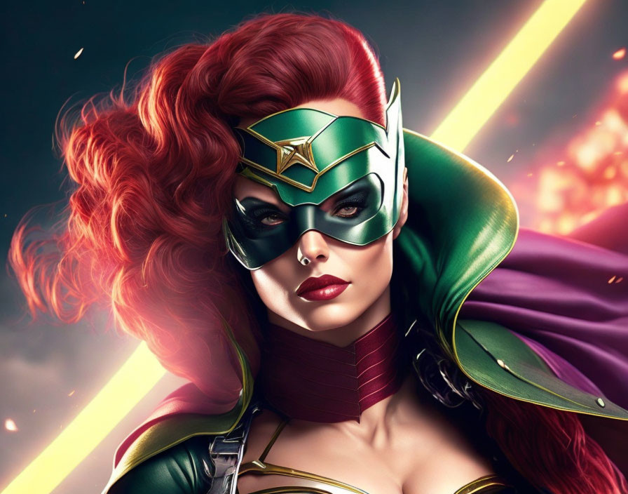 Female superhero with red hair, green mask, and golden tiara in close-up shot