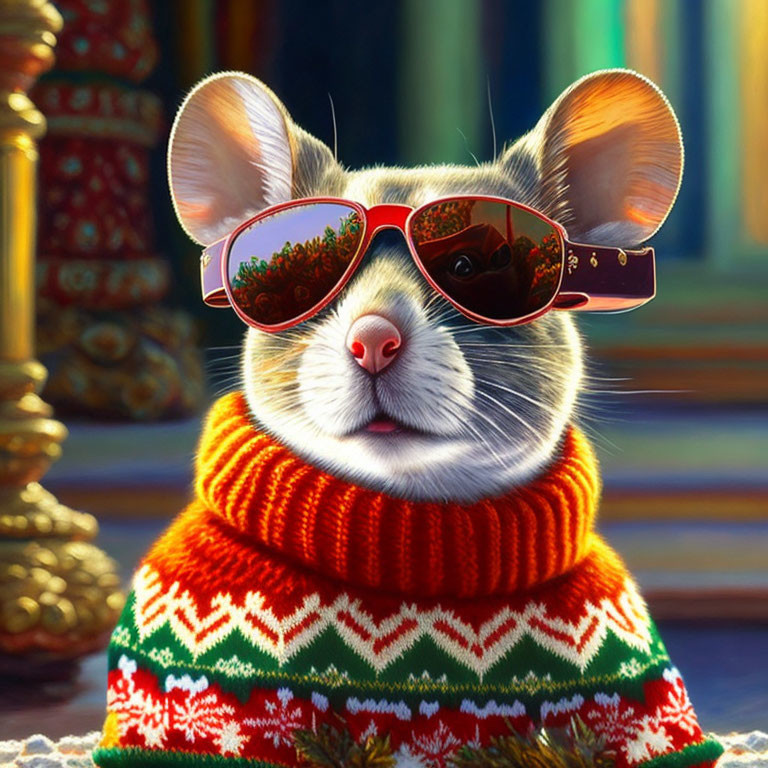 Mouse in Sunglasses and Holiday Sweater in Colorful Interior