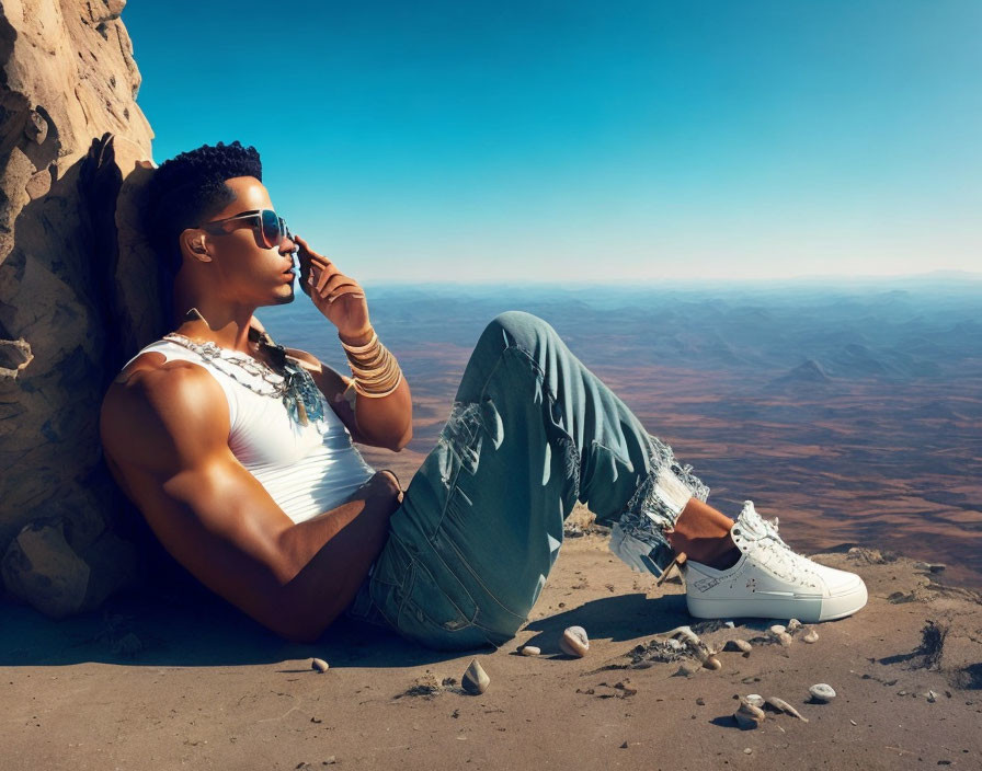 Fashionable individual in sunglasses and casual attire against desert backdrop