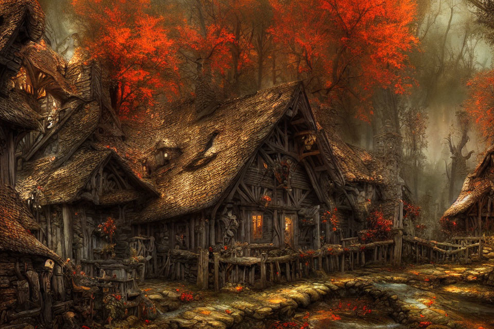 Thatched roof rustic cottages in foggy autumn forest landscape