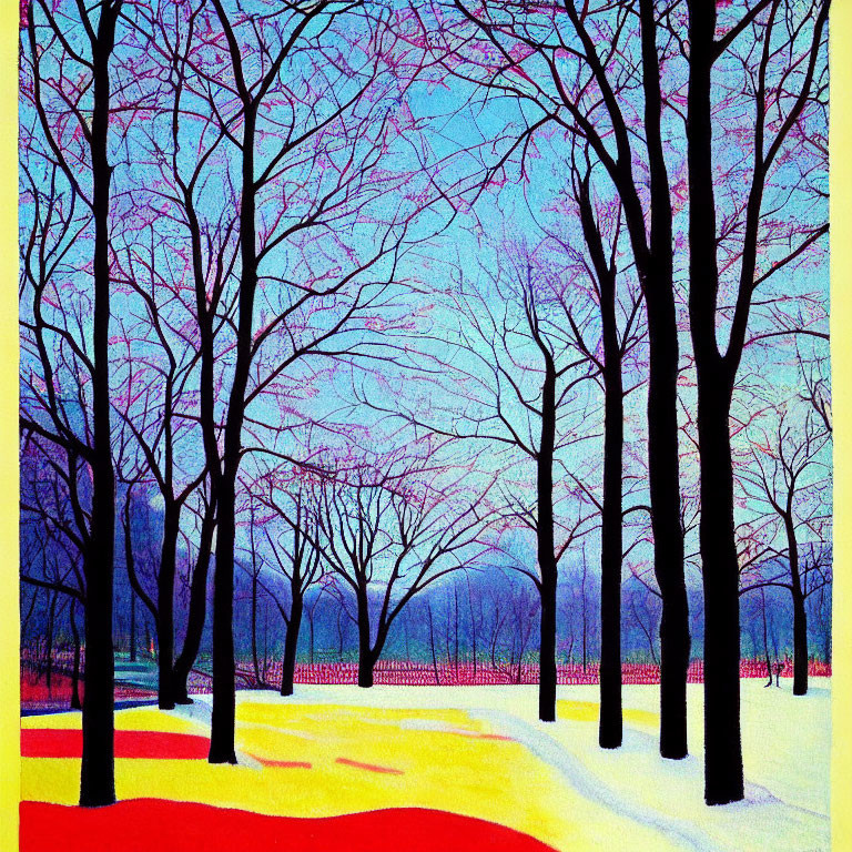 Vibrant Park Painting: Bare Trees, Blue Sky, Yellow and Red Patches