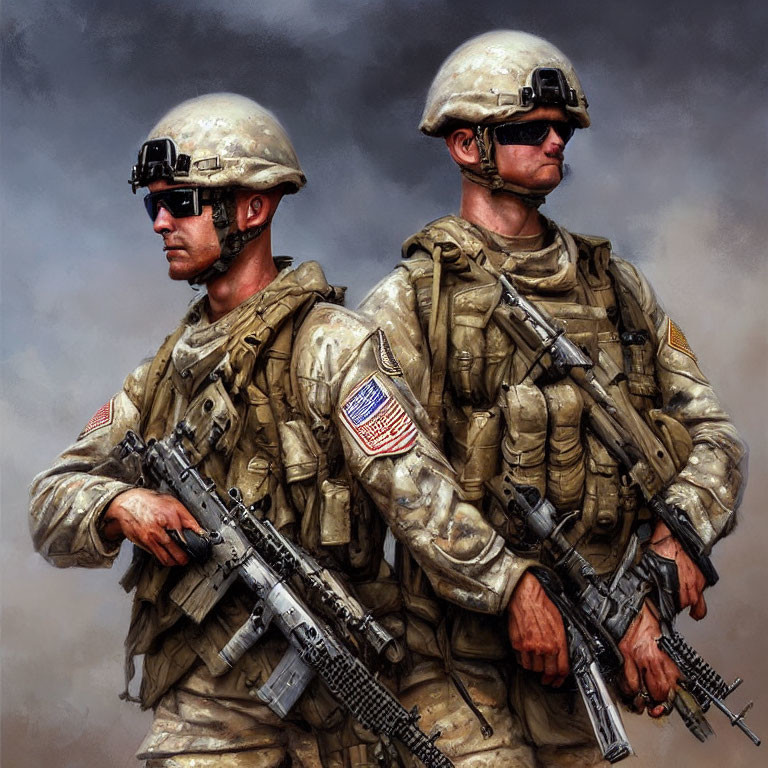 Soldiers in combat gear with helmets holding rifles and American flag patch