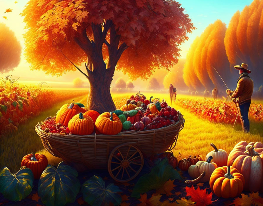 Colorful autumn scene with pumpkins, fruits, scarecrow, and golden trees