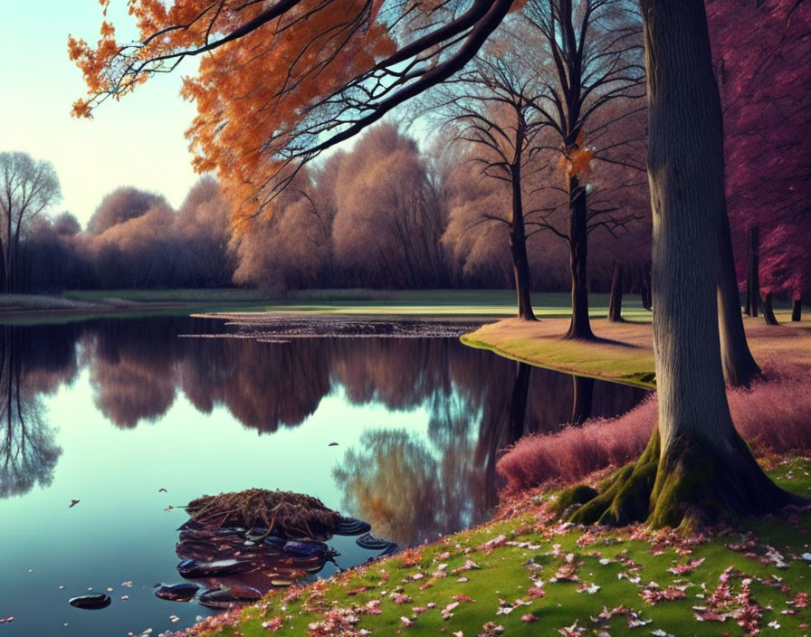 Tranquil autumn park scene with reflective lake and colorful leaves