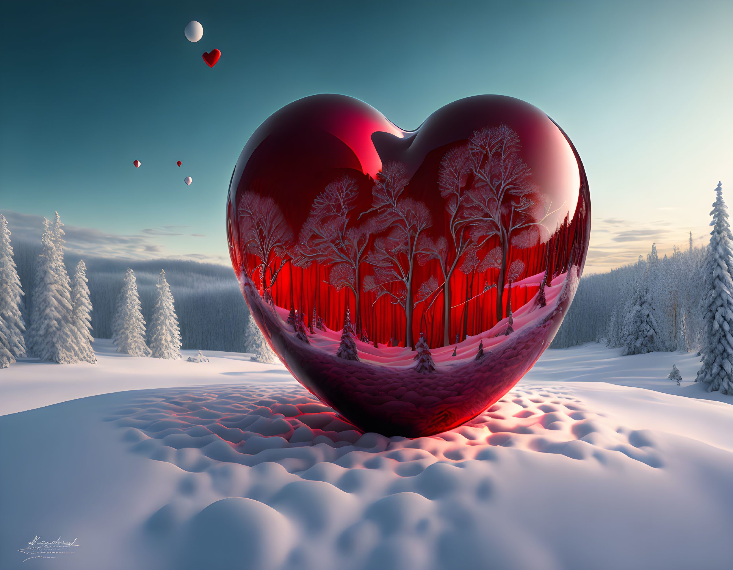 Heart-shaped object with forest reflection in snow-covered landscape under blue sky.