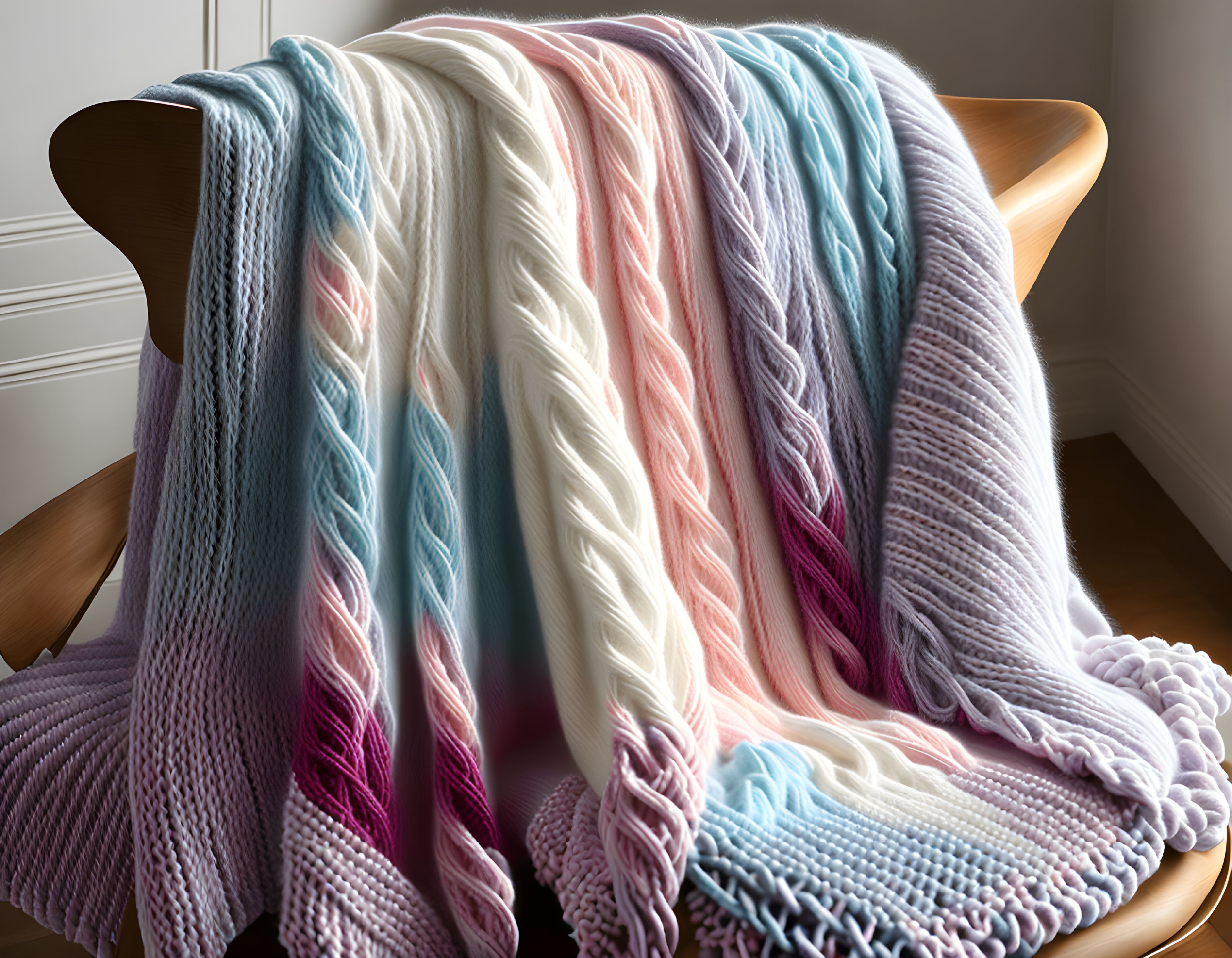 Vibrant knitted blanket with purple-blue-pink gradient on wooden chair