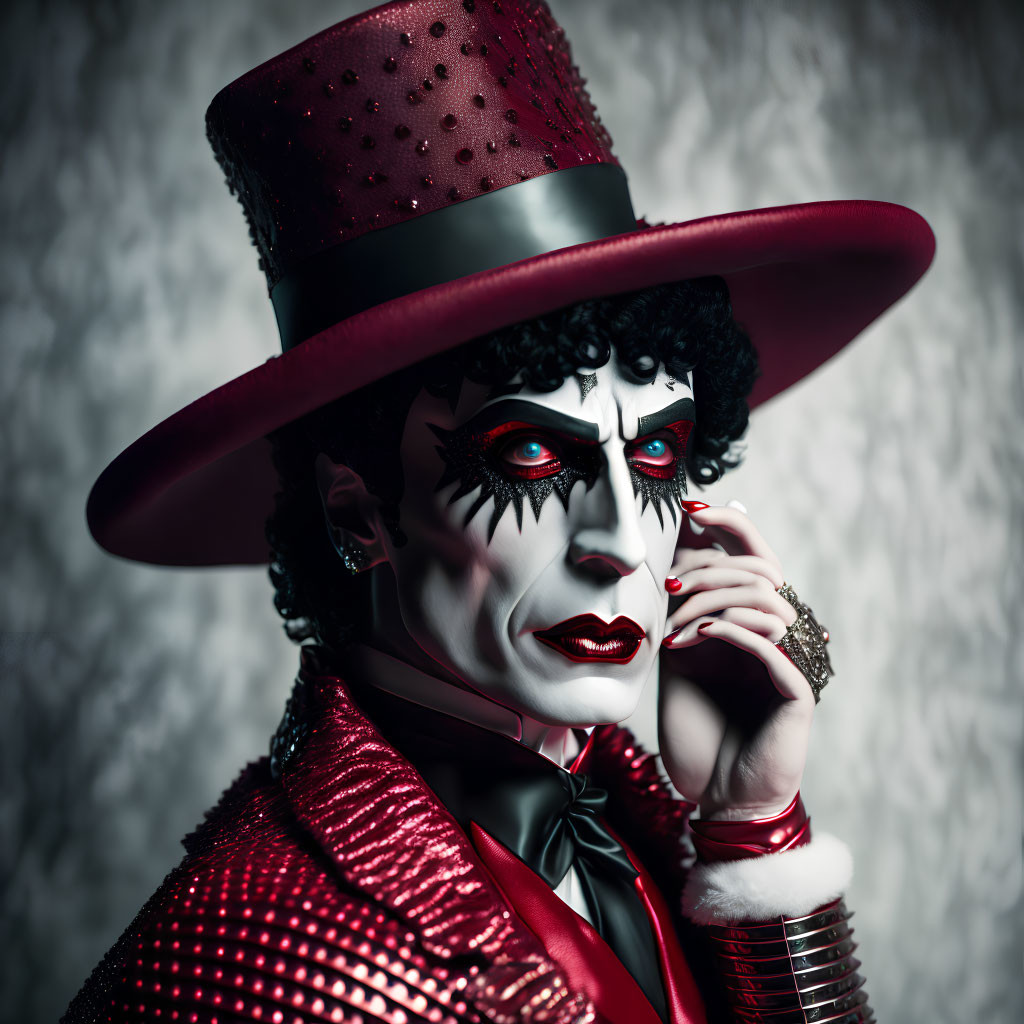 Colorful clown in red sequined outfit and top hat against grey background
