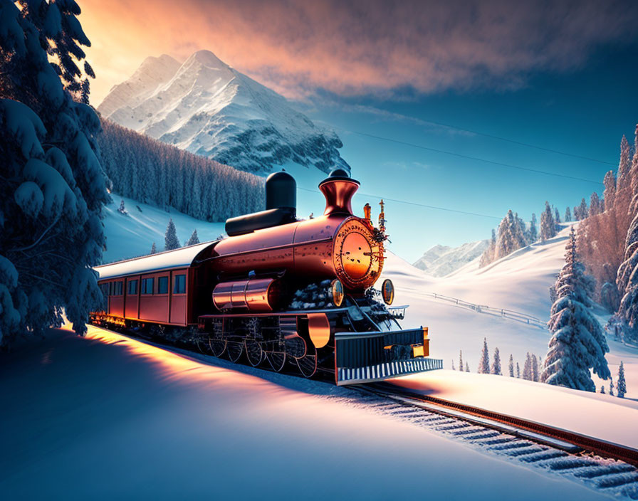 Vintage Train in Snowy Mountain Landscape at Sunset