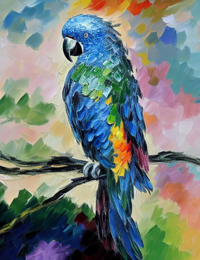 Colorful Oil Painting: Blue and Green Parrot on Branch