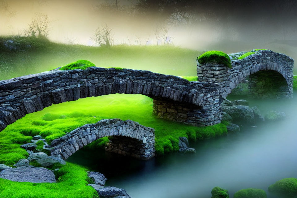 Moss-Covered Stone Bridge Over Misty Stream in Lush Greenery