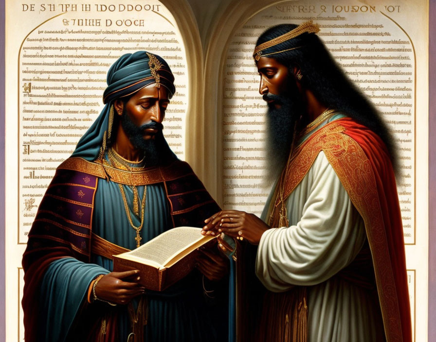 Two men in regal attire with crowns, one holding a book, standing by an ancient illuminated