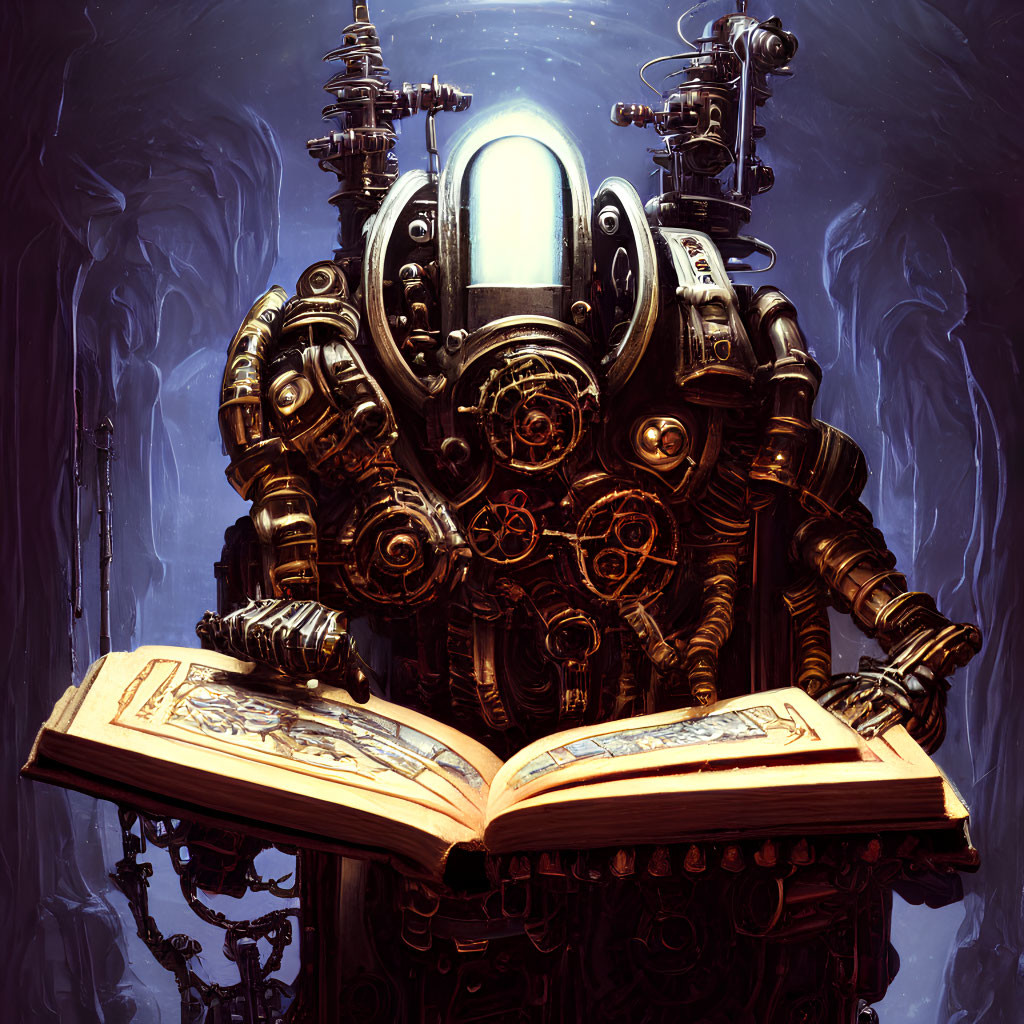 Mechanical humanoid robot reading book in futuristic setting